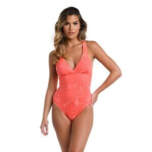 La Blanca Island Palm Macrame Back One Piece Island Palm Coral Size 12 MSRP $130